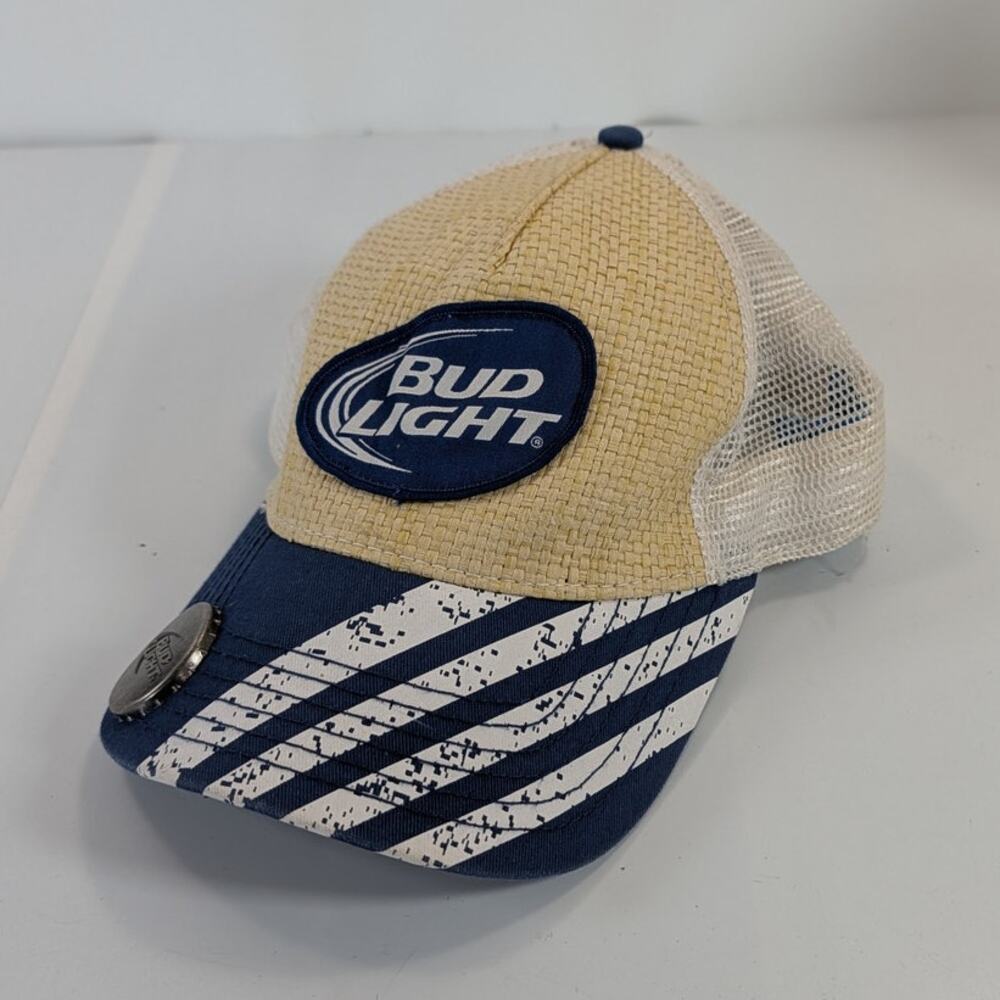 Bud Light Patch Bottle Opener Brim Straw Mesh Trucker Snapback Cap Hat OSFM